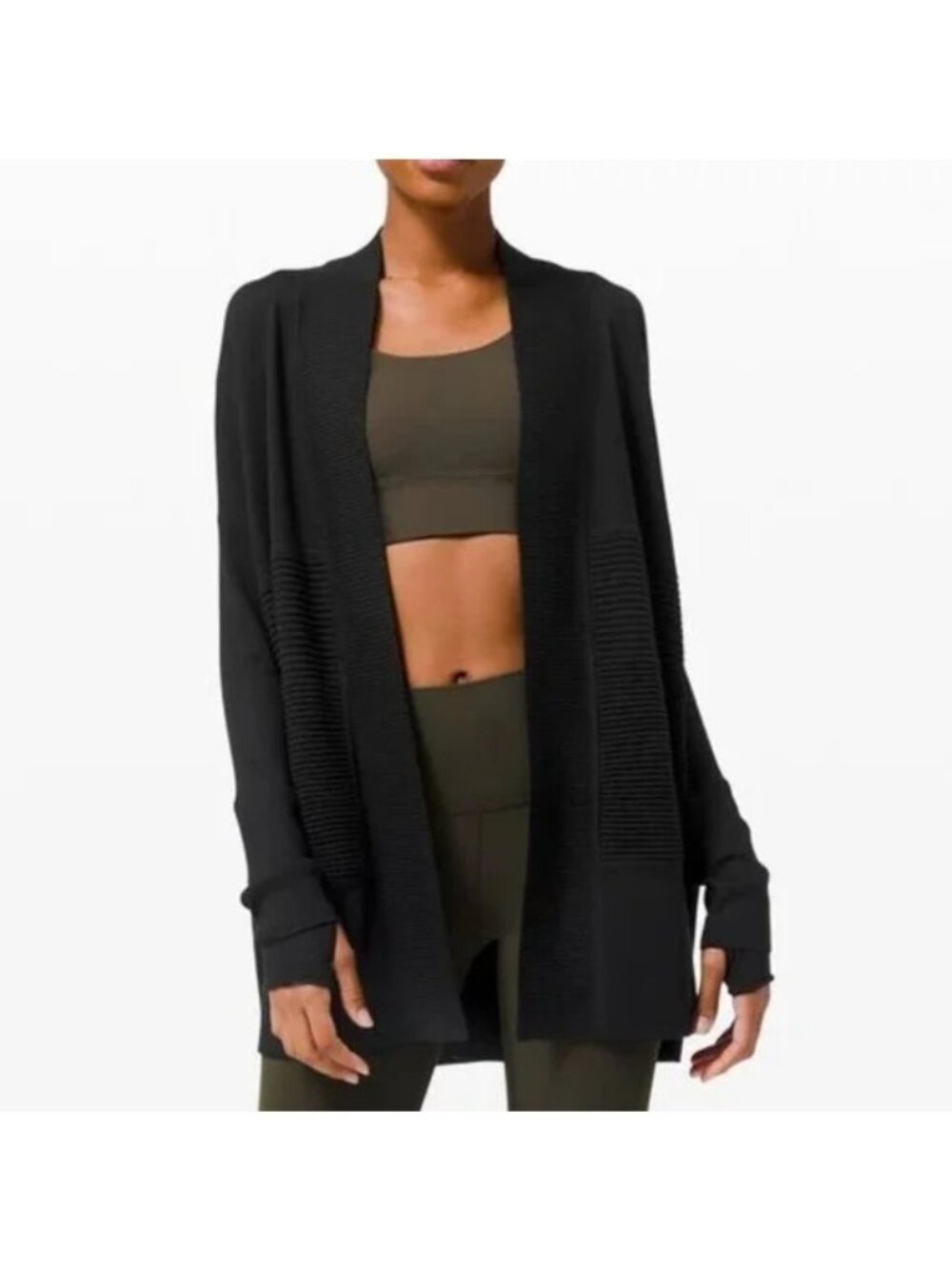 Lululemon Black Merino Wool Ribbed Sit in Lotus Wrap Cardigan Womens Size 6